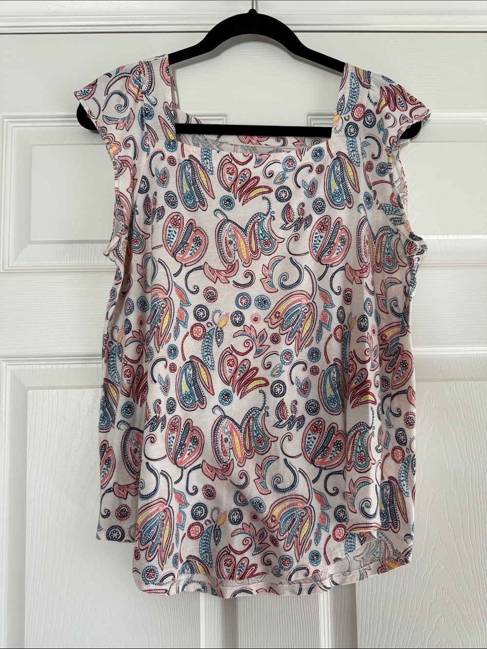 LOFT White Paisley Cap-Sleeve Blouse with Multi-Color Print